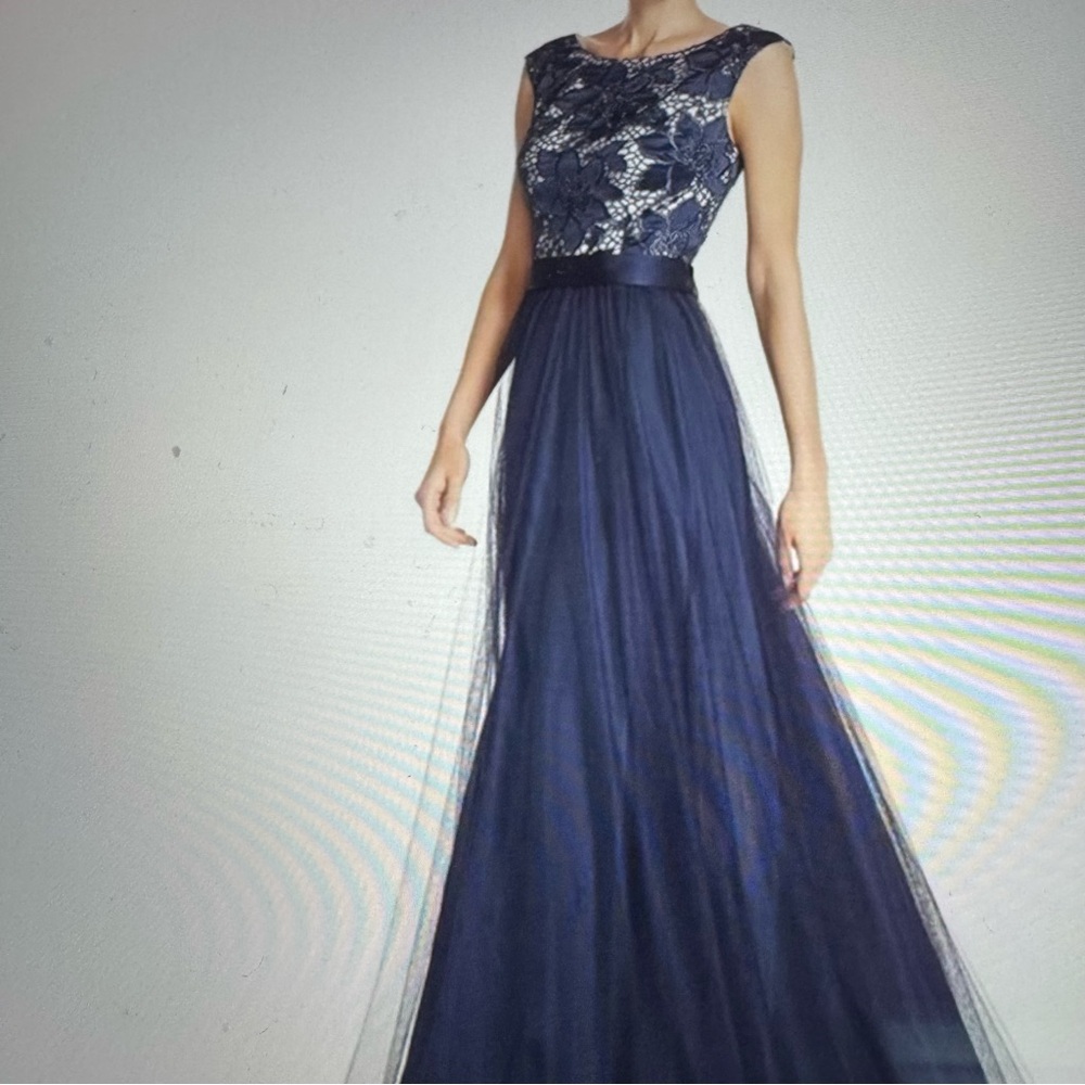 Aiden Mattox Long Formal Navy Gown with Lace Bodice and Tulle Skirt